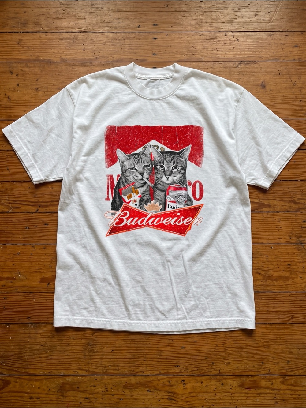 Marlboro & Budweiser Distressed Cats Graphic Tee White Streetwear Grunge